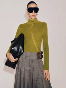 Anewsta Essential Women Elegant Half High Neck Ribbed Knit Pullover, Cross Wrap Side Button Irregular Asymmetrical Hem Slim Fit Long Sleeve Sweater, Autumn Winter Chris - Green - View 3
