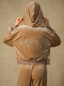 Emperor Women's Autumn/Winter Velvet Zipper Rhinestone Jacket - Khaki - View 2