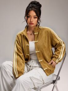SHEIN BASICS Plus Size Women's Side Stripe Long Sleeve Button-Front Casual Jacket - Yellow - View 2