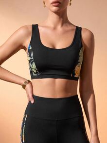 CAJUNI Sports Bra With Padded Cups For Everyday Wear, Featuring A Side Floral Print - Black - View 3