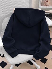 SHEIN 青少年女孩純色蝴蝶結裝飾袖子抓絨內裡運動衫外套 返校風格 秋冬校外穿搭 粉色法蘭絨 可愛西式 - 藏蓝色 - 查看 2