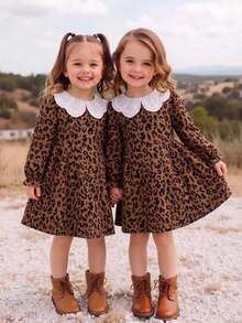 SHEIN 1pc Girls' Autumn New Fresh Style Loose Fit Long Sleeve Dress With Elastic Cuffs, Exquisite Collar, Back Opening Design, Casual Versatile Leopard - Brown - View 3