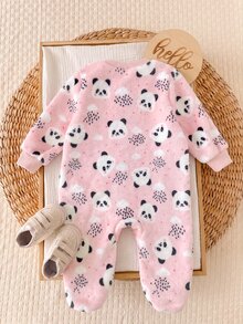 SHEIN 新生兒嬰兒毛絨保暖拉鍊連身長褲 秋季款 - 粉色 - 查看 2