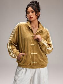 SHEIN BASICS Plus Size Women's Side Stripe Long Sleeve Button-Front Casual Jacket - Yellow - View 3