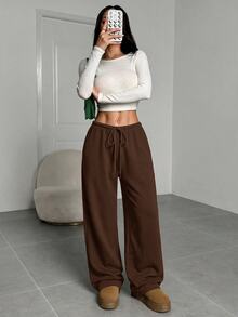 SHEIN EZwear 女款深棕色針織休閒運動長褲，抽繩腰頭，寬鬆版型，適合居家休閒或冬季穿著 - 棕色 - 查看 5