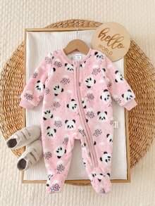 SHEIN 新生兒嬰兒毛絨保暖拉鍊連身長褲 秋季款 - 粉色 - 查看 5