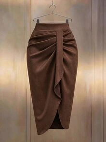 GlowEve CURVE Women's Plus Size Solid Color Pleated Fashion Design Sexy Skirt Winter - Coffee Brown - View 6