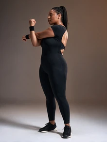 Powerista One Piece Jumpsuit For Women Square Neck Short Sleeve Backless Bodysuit Tummy Control Butt Lifting Seamless Workout Leggings Fall Halloween Black Plus - Black - View 7