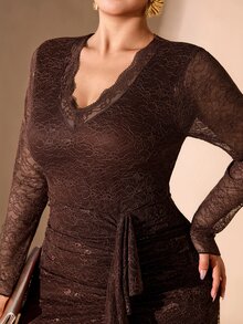 Cravure French Vintage Elegant Fashion Casual Lace Patchwork V-Neck Mesh Asymmetrical Ruffle Hem Brown Dress - Brown - View 6