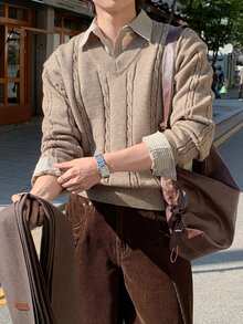 DAZY Autumn/Winter Camel V-Neck Cable Knit Ribbed Korean Style Men's Sweater - Camel - View 8