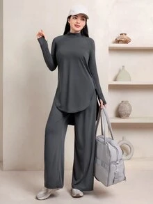 Veilorie Women's Long Sleeve Top And Loose Pants With Pockets Sports Set - Dark Grey - View 6