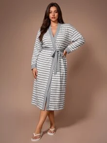Lazeform Casual Striped Print Long Sleeve Long Length Plus Size Robe - Light Grey - View 4