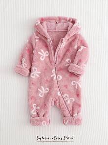 Cozy Pixies 女嬰休閒蝴蝶結圖案毛絨連帽連身衣 長袖拉鍊連身褲 抓絨連身衣 一件式套裝 嬰兒幼兒冬季衣物 - 彩色 - 查看 3