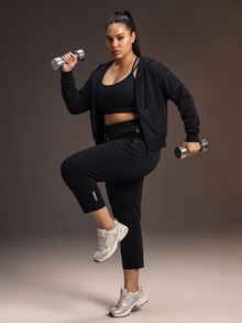 Powerista Women's Plus Size Solid Color Casual Versatile Daily Wear Hooded Sports Jacket - Black - View 6