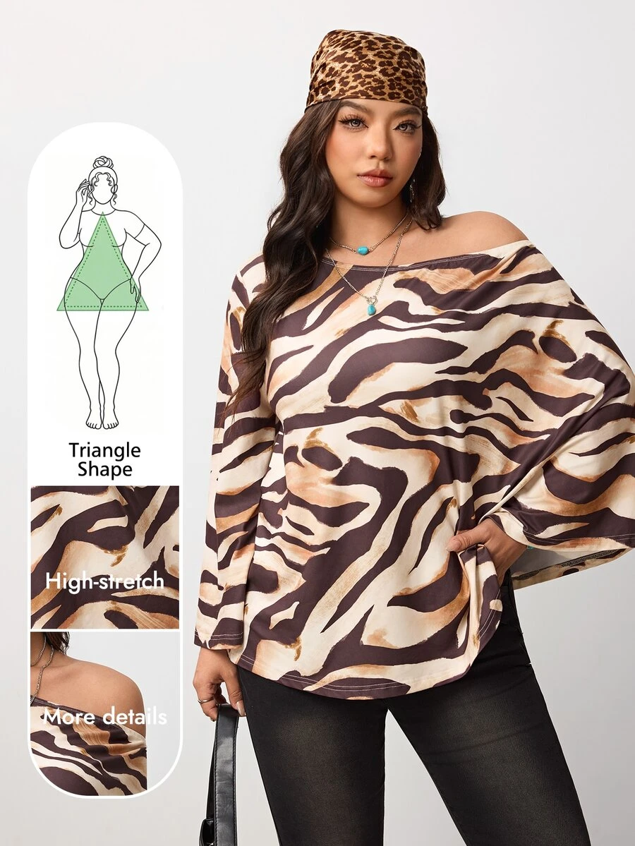 Enliva Plus-Size Retro Brown Leopard Print One-Shoulder Women's Top Pear Body,Triangle Body - Multicolor - View 1