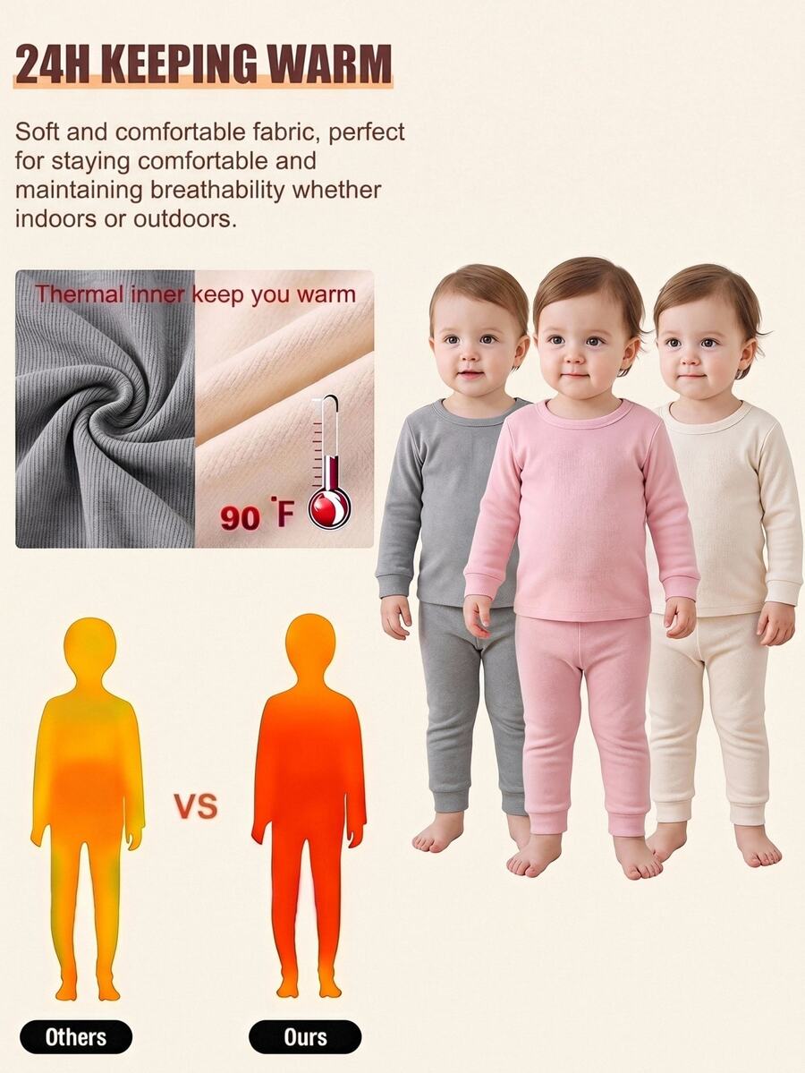SHEIN Baby Girl Solid Color Round Neck Long Sleeve Top And Pants Casual Daily Home Sleepwear Set - Multicolor - View 1