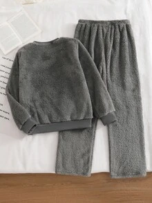 SHEIN 女童居家服大童女孩字母蝴蝶結刺繡長袖上衣搭配毛茸茸長褲休閒優雅家居服套裝 - 灰色 - 查看 2