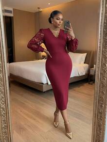 SHEIN Lady CURVE Plus Size Elegant Lace Evening Dress - Burgundy - View 4