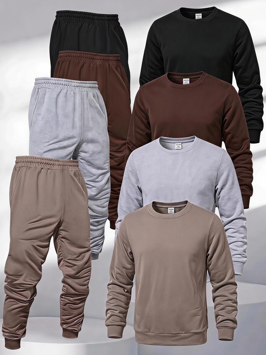 SHEIN Conjunto casual de sudadera de cuello redondo de manga larga y pantalones de chándal de unicolor para niño pequeño - Multicolor - Ver 1