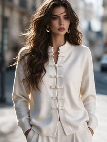 Linhara CURVE Plus Size Women Solid Color Dropped Shoulder Long Sleeve Frog Button Placket Casual Knit Cardigan - Beige - View 1