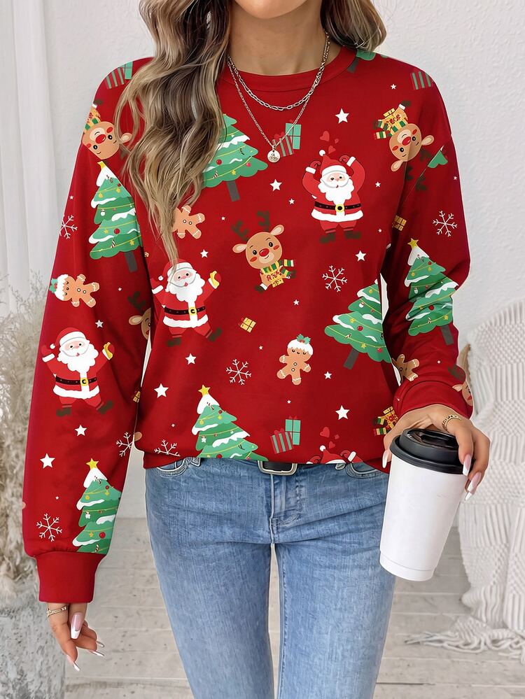 SHEIN LUNE بلوزة رياضية كاجوال نسائية برقبة دائرية بتصميم عيد الميلاد، مناسبة للخريف/الشتاء - أبيض - مشاهدة 6