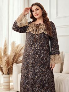 Lacomfia Đầm dự tiệc thường ngày nữ size lớn họa tiết da báo phối ren - màu nâu - Xem 4