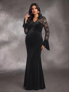 Cheriluna Maternity Đầm dự tiệc bầu size lớn phối ren phối mảnh, tôn dáng thắt eo thanh lịch - màu đen - Xem 3
