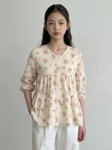 Dazy Kids 圓領可愛花卉長袖秋季甜美女孩（大號）上衣 - 黃色 - 查看 2