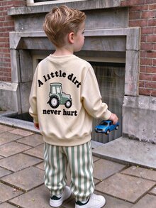 1套幼兒復古休閒長袖衛衣套裝，圓領標準肩長袖，背面精緻卡通綠色拖拉機印花搭配弧形文字，鬆口綠白直條紋運動長褲，2件套兒童戶外玩耍、幼兒園日常穿著，春秋男童時尚運動休閒套裝 - 彩色 - 查看 4