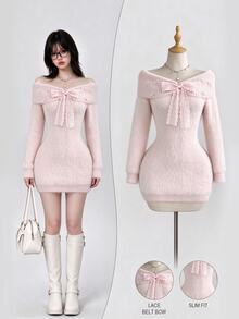 Elamini Women's Sweet Bow Decor Sweater Dress - Apricot - View 1
