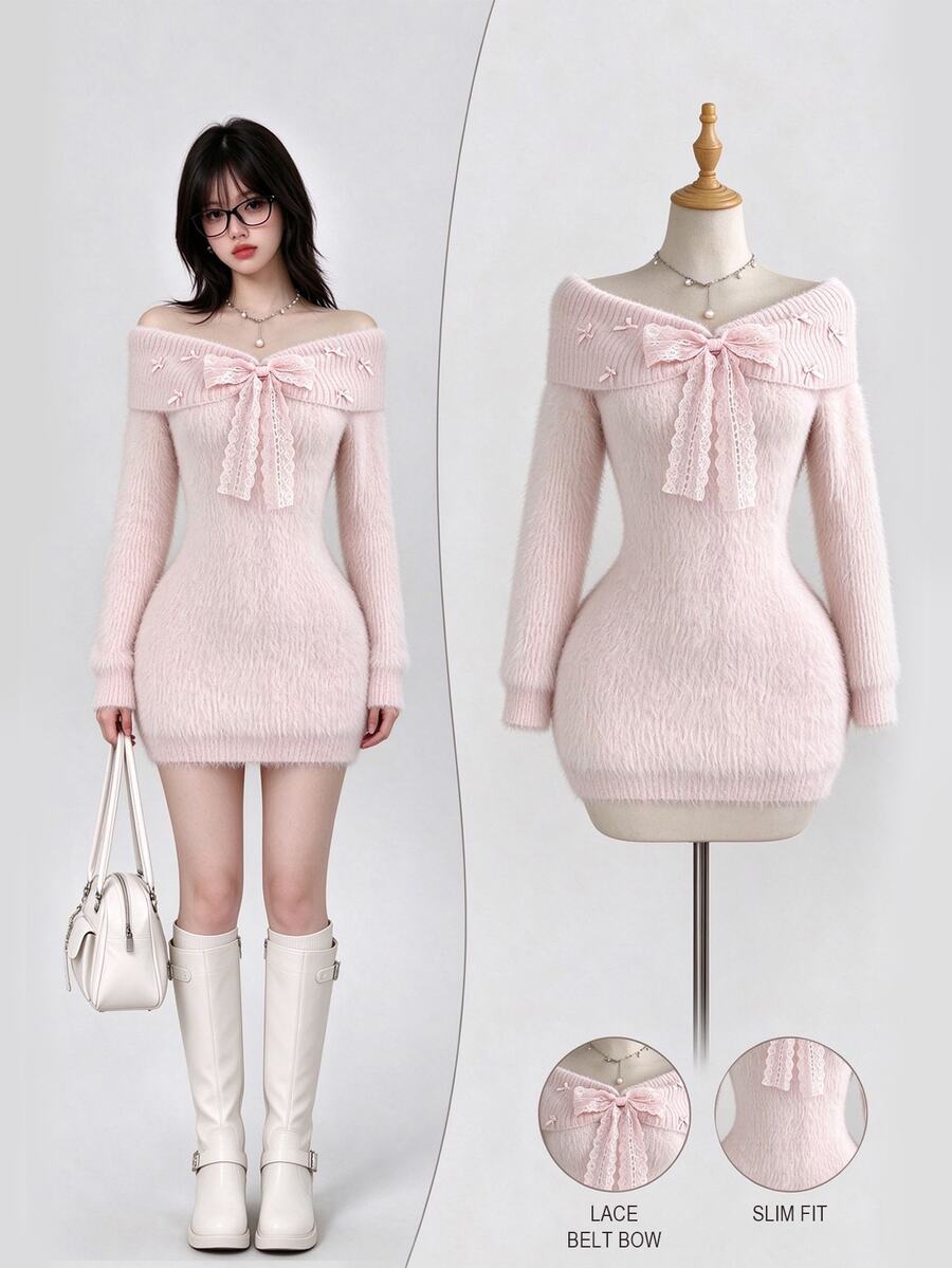 Elamini Women's Sweet Bow Decor Sweater Dress - Apricot - View 1