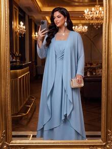 SHEIN Lady فستان ورداء نسائي مقاس كبير مزين بالراين ستون مطوي كاجوال رومانسي أنيق طقم من قطعتين رسمي للزفاف وحفلات الخريف الفاخرة وحفلات التخرج - الأزرق - مشاهدة 4