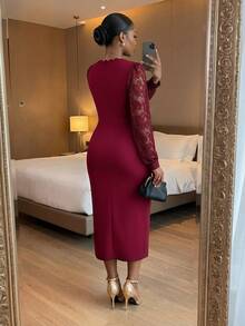 SHEIN Lady CURVE Plus Size Elegant Lace Evening Dress - Burgundy - View 2