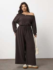 Enliva Plus Size One Shoulder Wide Leg Jumpsuit With Elastic Waist Compatible With Apple Body Round Body - Brown - View 4