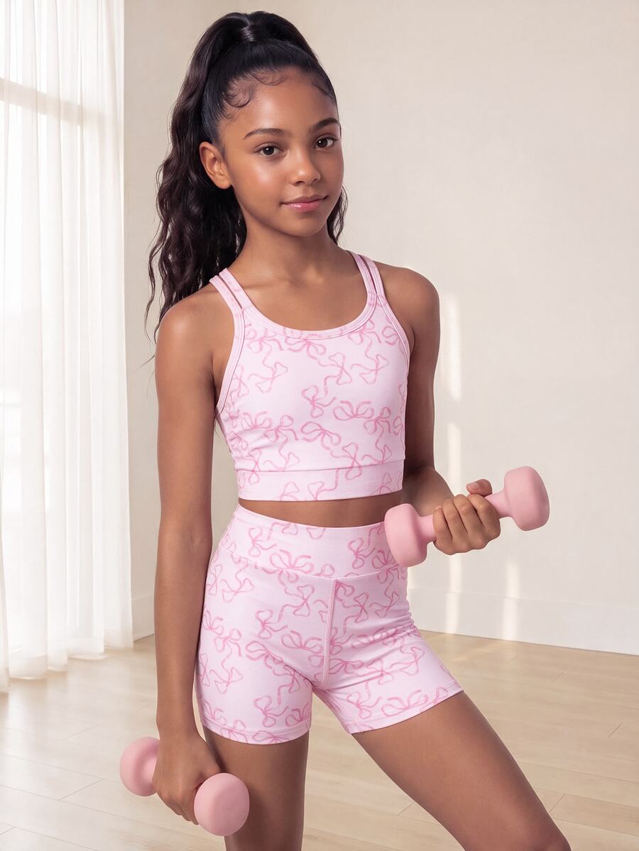 SHEIN Tween Girls' Off-Shoulder Crop Top & Shorts Set – Fashionable Casual Activewear For Outdoor Running & Long-Distance Sports, Autumn Winter, Fall, Yoga - Pink - View 1