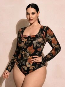 SHEIN SXY 女款大尺碼秋季方領休閒極簡碎花楓葉印花緊身連身衣，秋冬性感修身，Y2K 外出穿搭 - 彩色 - 查看 6