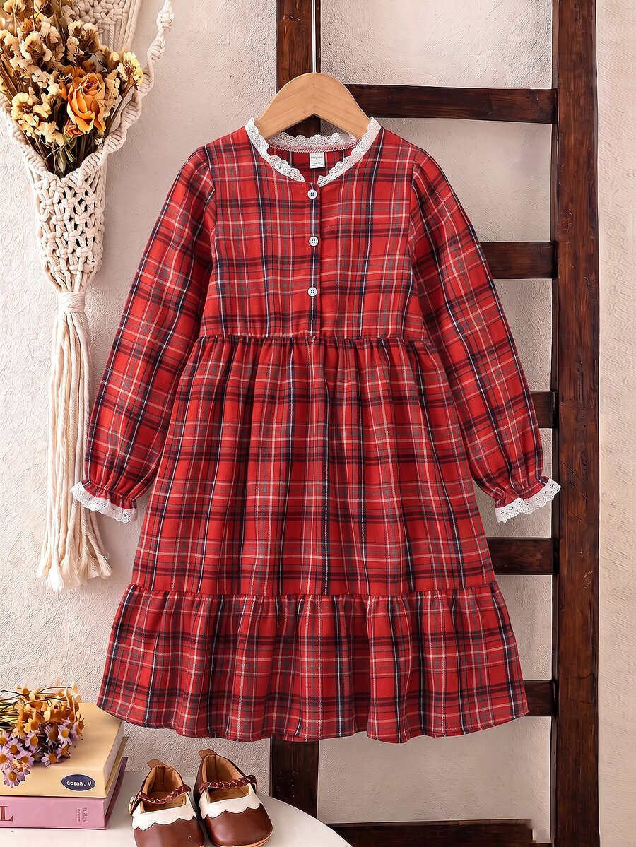 DAZY Đầm thường ngày cho bé gái họa tiết kẻ caro đỏ viền ren, xuân/thu - Đỏ - Xem 1