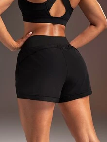 Powerista Women's Elastic Waist Double Layer Sports Shorts - Black - View 2