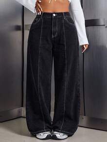 SHEIN Tall CURVE 大尺碼女款休閒日常旅行牛仔褲，附口袋與鈕扣 - 黑色 - 查看 1