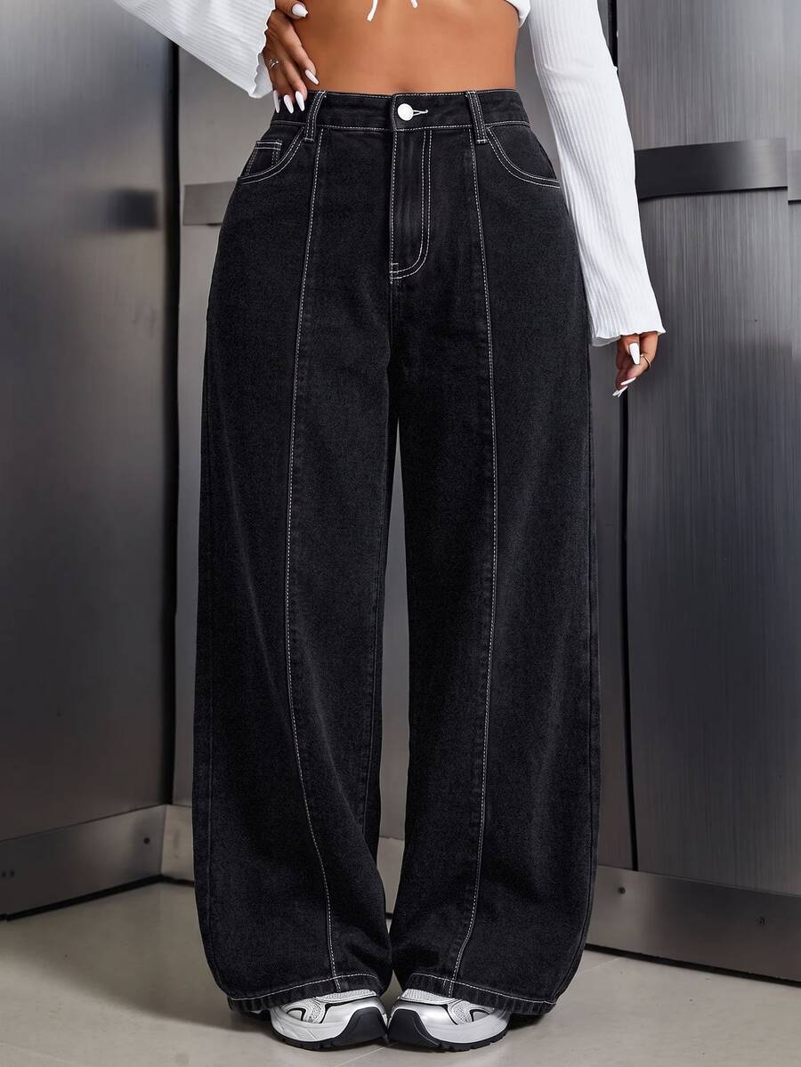 SHEIN Tall CURVE 大尺碼女款休閒日常旅行牛仔褲,附口袋與鈕扣 - 黑色 - 查看 1