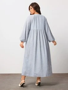 Enliva Plus Size Striped Cotton Blend Button Front Long Sleeve Dress Compatible With Apple Body Round Body - Black and White - View 2