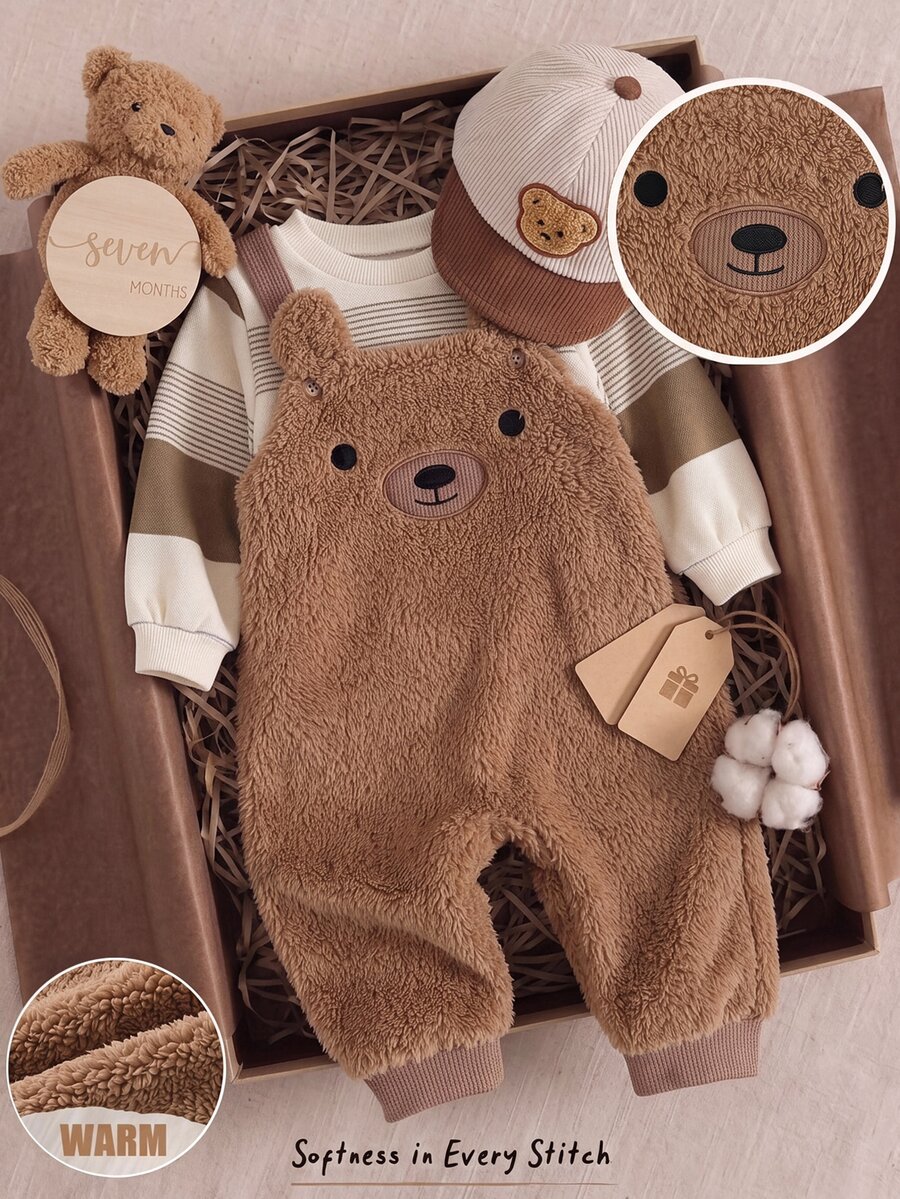 Cozy Pixies Baby Boy Striped Knit Soft Crew Neck Long Sleeve Pullover Sweatshirt With Cute Teddy Bear Embroidery Pattern And Suspenders Long Pants 2 Pieces Set, Versatile And Comfortable - Apricot - View 1