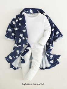 Cozy Pixies 小男孩休閒舒適兒童百搭恐龍印花毛絨布家居服睡袍浴袍海灘度假秋季 - 寶藍色 - 查看 3