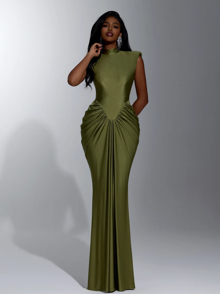 Elitara Elegant Romantic Fashion Green High Neck Sleeveless Ruched Mermaid Tail Train Dress For Holiday Vacation Birthday Party Wedding Event Bridesmaid