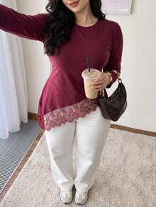 Solavon Plus Size Women Solid Color Round Neck Long Sleeve Lace Hem Patchwork T-Shirt - Red - View 4