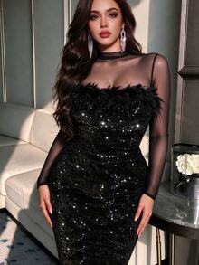 Velvienne Plus Size Elegant Sequin Bodycon Dress For Women - Black - View 4