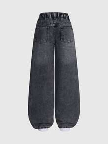 SHEIN Denimly 青少年女孩寬鬆淺藍色牛仔褲，寬腿彈性腰頭愛心刺繡長褲，水藍色，秋季，可愛，校園，開學季 - 黑色 - 查看 2