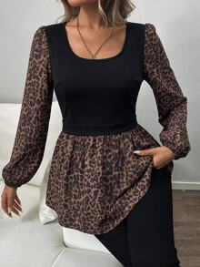 SHEIN LUNE 2026 New Contrast Color Leopard Print Vintage Leopard Pattern Women's Casual Autumn/Winter Patchwork Long Sleeve Top - Multicolor - View 5