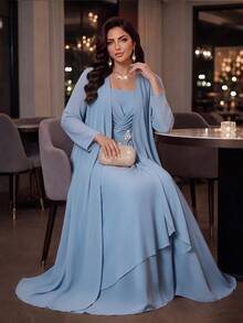 SHEIN Lady فستان ورداء نسائي مقاس كبير مزين بالراين ستون مطوي كاجوال رومانسي أنيق طقم من قطعتين رسمي للزفاف وحفلات الخريف الفاخرة وحفلات التخرج - الأزرق - مشاهدة 5