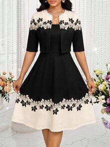 SHEIN Lady 女款優雅正式藍白花卉A字中長洋裝，適合秋冬辦公室工作、派對、教堂、外出、聖誕、新年、婚禮、生日、夜晚聚會 - 黑色和杏色 - 查看 3